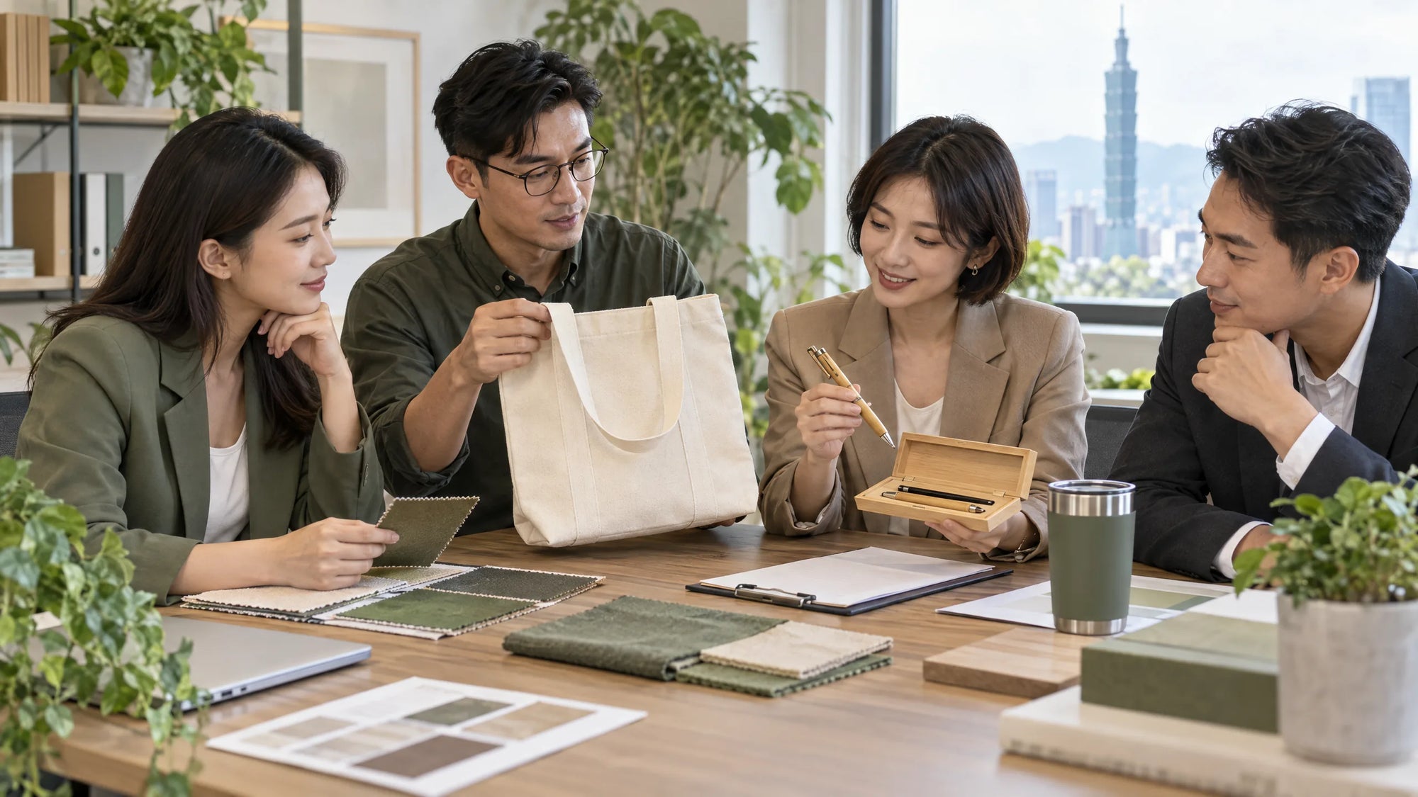 企業採購團隊檢視帆布袋、竹木筆組與隨行杯等禮贈品樣品及文件