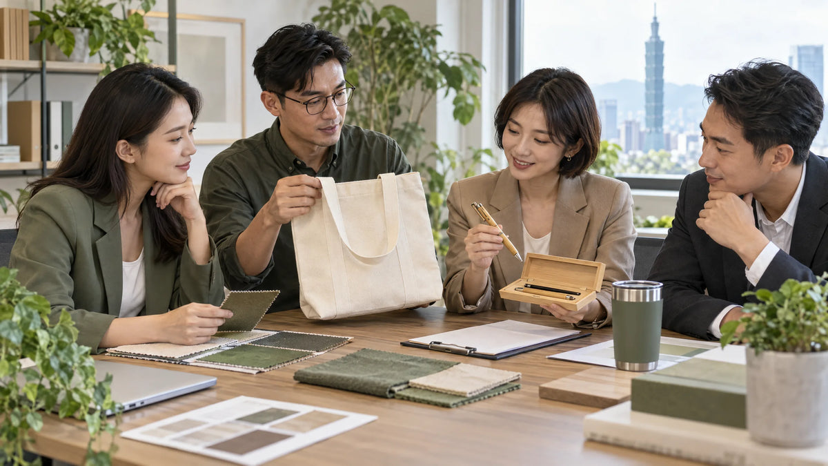 企業採購團隊檢視帆布袋、竹木筆組與隨行杯等禮贈品樣品及文件