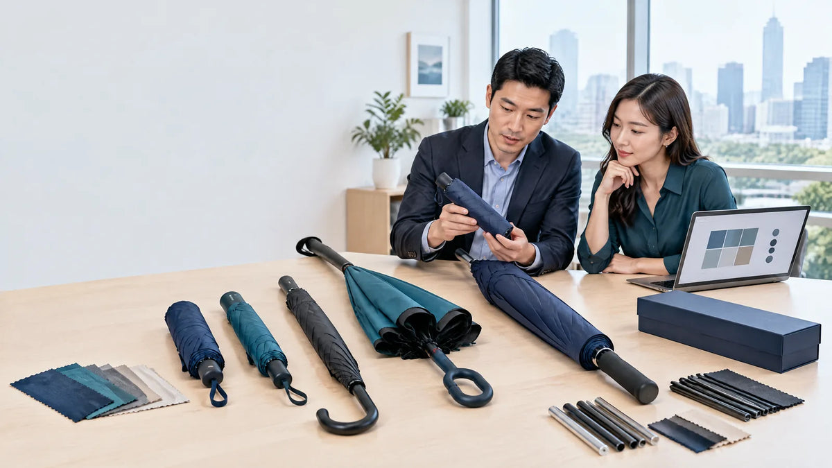 企業採購人員比較折疊傘、直傘、高爾夫傘、傘布與骨架樣品