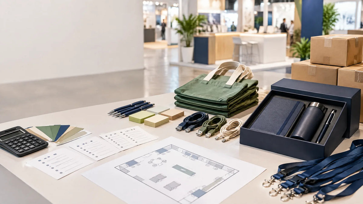 展覽贈品規劃桌面展示廣告筆、便利貼、帆布袋、充電線、商務禮盒與庫存紙箱